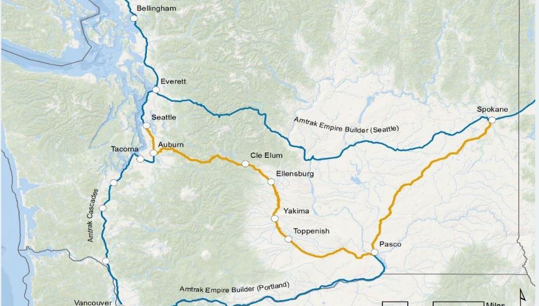 The rail corridor studied stretches from Seattle to Spokane with six intermediate stops including Ellensburg, Yakima and Pasco.