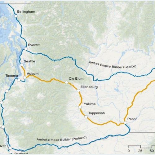 The rail corridor studied stretches from Seattle to Spokane with six intermediate stops including Ellensburg, Yakima and Pasco.