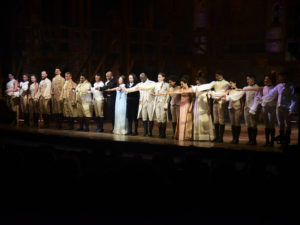 The cast of Hamilton, including its composer and creator, Lin-Manuel Miranda, center, receive a standing ovation in San Juan, Puerto Rico on Jan. 11, 2019. The musical is set to stream on Disney+ this week. CREDIT: Carlos Giusti/AP