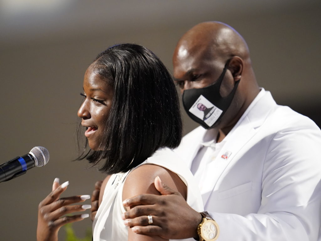 Brooke Williams, niece of George Floyd, speaks at her uncle's funeral service Tuesday at The Fountain of Praise church in Houston. Getty Images/Getty Images