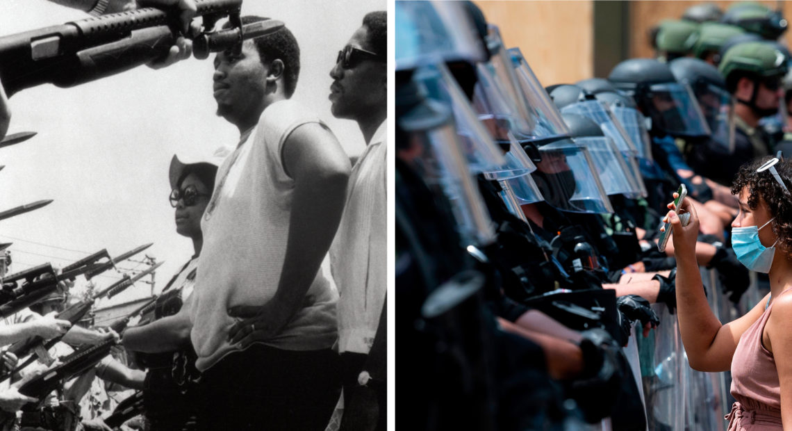 LEFT: Leaders of a march of about 255 people stare at police officers who stopped the group from marching on city hall in Pritchard, Ala, on June 12, 1968. RIGHT: A protester shows a picture of George Floyd from her phone to a wall of security guards near the White House on June 3, 2020, in Washington, DC.
