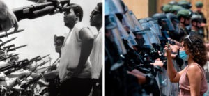 LEFT: Leaders of a march of about 255 people stare at police officers who stopped the group from marching on city hall in Pritchard, Ala, on June 12, 1968. RIGHT: A protester shows a picture of George Floyd from her phone to a wall of security guards near the White House on June 3, 2020, in Washington, DC. 