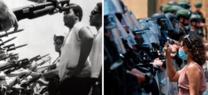 LEFT: Leaders of a march of about 255 people stare at police officers who stopped the group from marching on city hall in Pritchard, Ala, on June 12, 1968. RIGHT: A protester shows a picture of George Floyd from her phone to a wall of security guards near the White House on June 3, 2020, in Washington, DC.