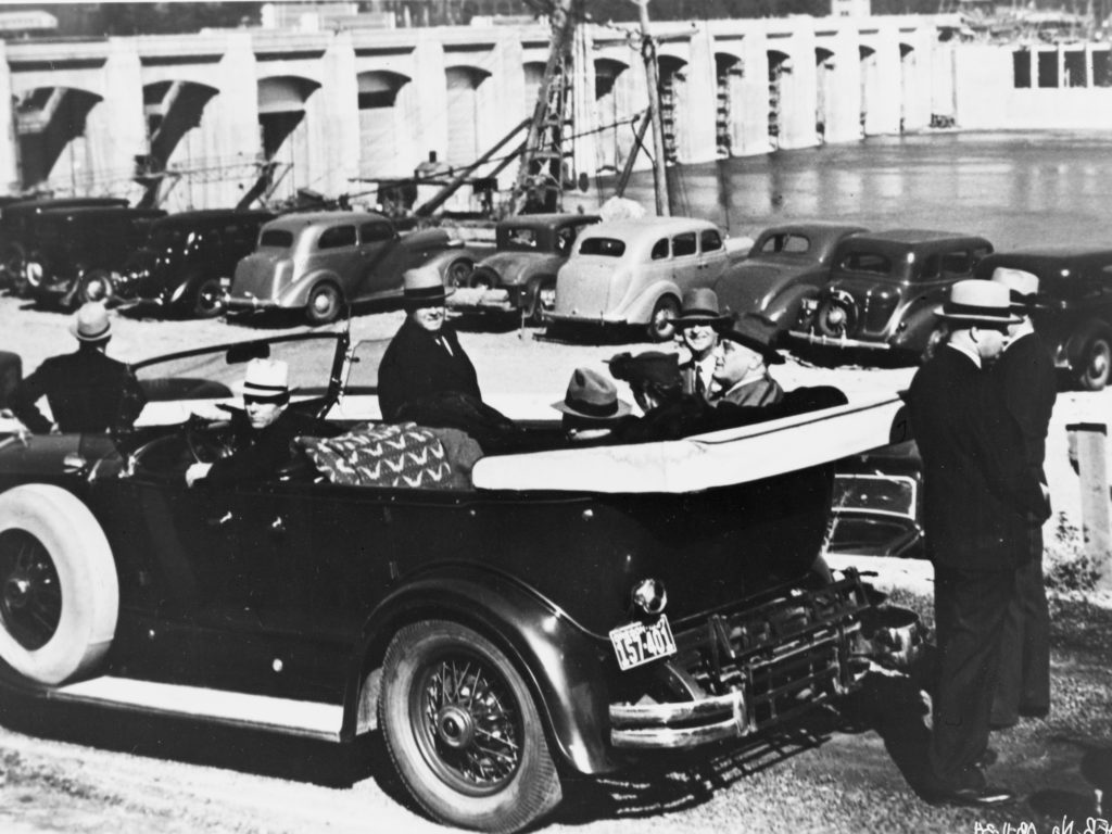 President Franklin Roosevelt at the dedication of the spillway at Bonneville Dam on the Columbia River in 1937. CREDIT: Library of Congress