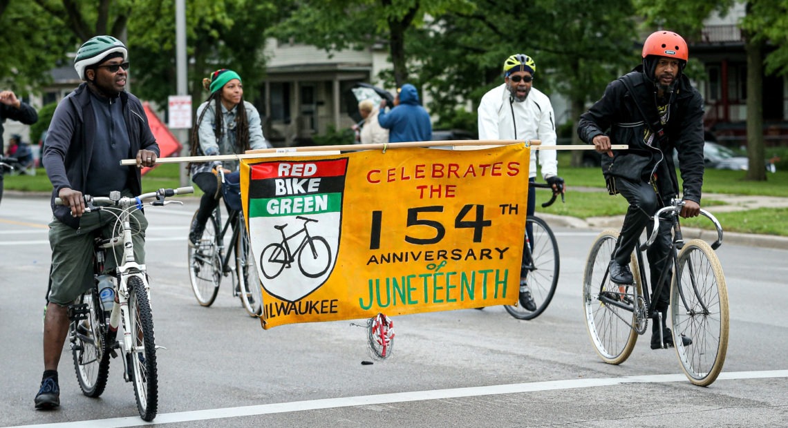 Members of a parade perform during the Juneteenth Day Festival on June 19, 2019, in Milwaukee. In the wake of protests following the killing of George Floyd, there has been a push to make Juneteenth a federal holiday. CREDIT: Dylan Buell/Getty Images for VIBE