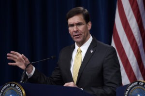 Secretary of Defense Mark Esper speaks at a press conference at the Pentagon on March 5.