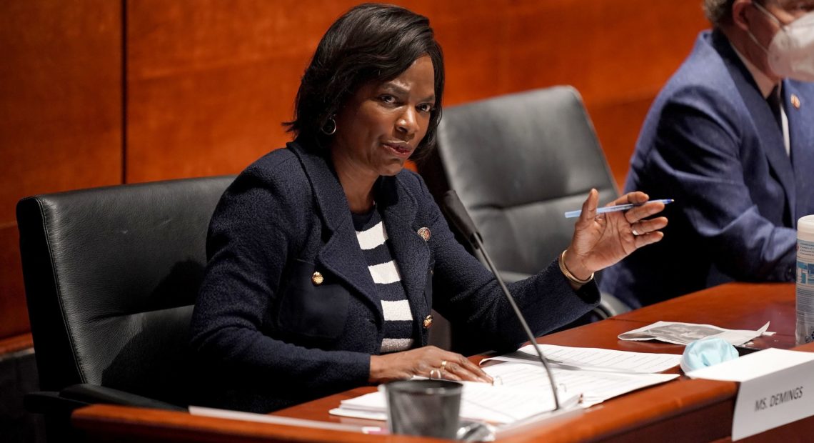 Rep. Val Demings, D-Fla., asks questions during a House Judiciary Committee hearing on police brutality and racial profiling. The former Orlando police chief is a potential running mate for presumptive Democratic presidential nominee Joe Biden. CREDIT: Greg Nash/Pool/AFP via Getty Images