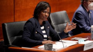 Rep. Val Demings, D-Fla., asks questions during a House Judiciary Committee hearing on police brutality and racial profiling. The former Orlando police chief is a potential running mate for presumptive Democratic presidential nominee Joe Biden. CREDIT: Greg Nash/Pool/AFP via Getty Images