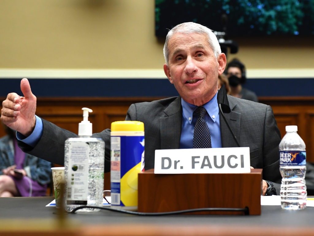 Dr. Anthony Fauci, director of the National Institute of Allergy and Infectious Diseases, testifies Tuesday during a House Energy and Commerce Committee hearing on the Trump administration's response to the COVID-19 pandemic. Kevin Dietsch/AFP via Getty Images