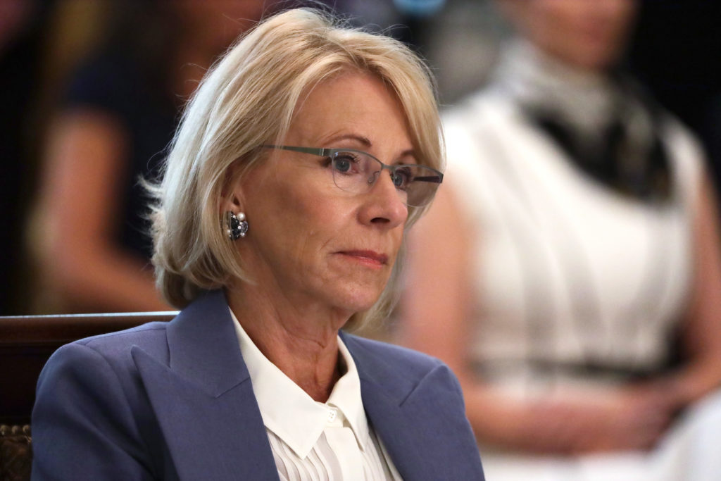 In April, U.S. Education Secretary Betsy DeVos issued guidance suggesting private schools should benefit from a representative share of federal coronavirus aid money. Alex Wong/Getty Images