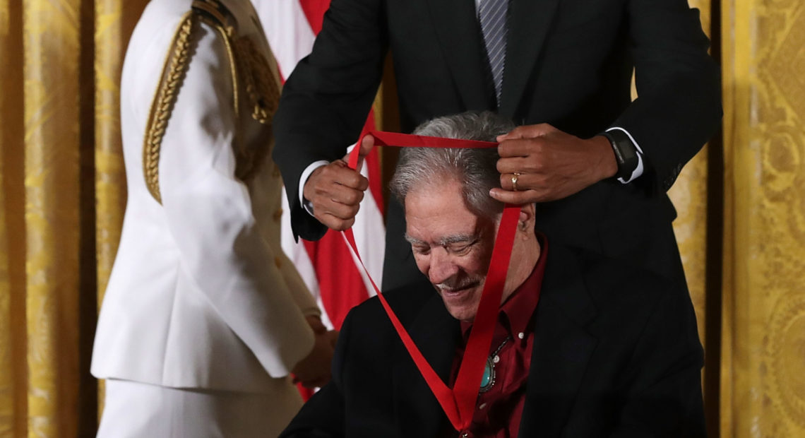 President Barack Obama presents the National Humanities Medal to author Rudolfo Anaya at a ceremony in September