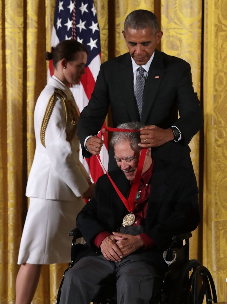 President Barack Obama presents the National Humanities Medal to author Rudolfo Anaya at a ceremony in September