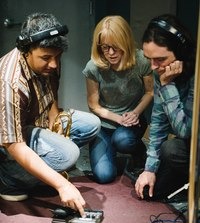 From left: Mike Rodriguez, Maria Schneider and Michael Lenssen in the studio during the making of Data Lords. Briene Lermitte/Courtesy of the artist