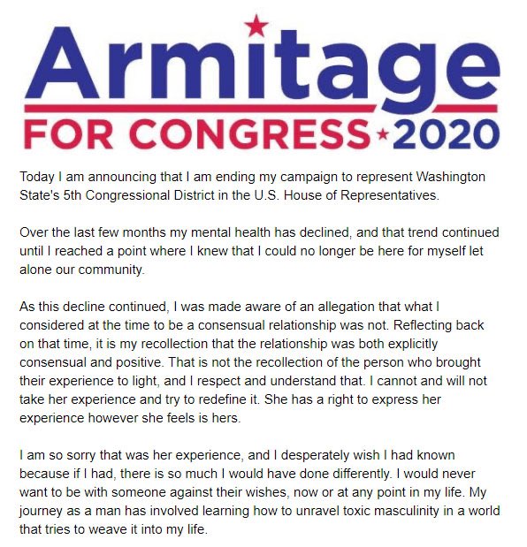 Statement from Chris Armitage on dropping out of the 5th District race, July 17, 2020. Courtesy of Chris Armitage campaign/Twitter