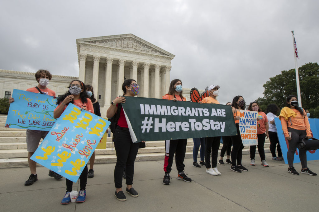 Deferred Action for Childhood Arrivals students celebrate on June 18 at the Supreme Court after the justices rejected President Trump's effort to end legal protections for young immigrants. CREDIT: Manuel Balce Ceneta/AP