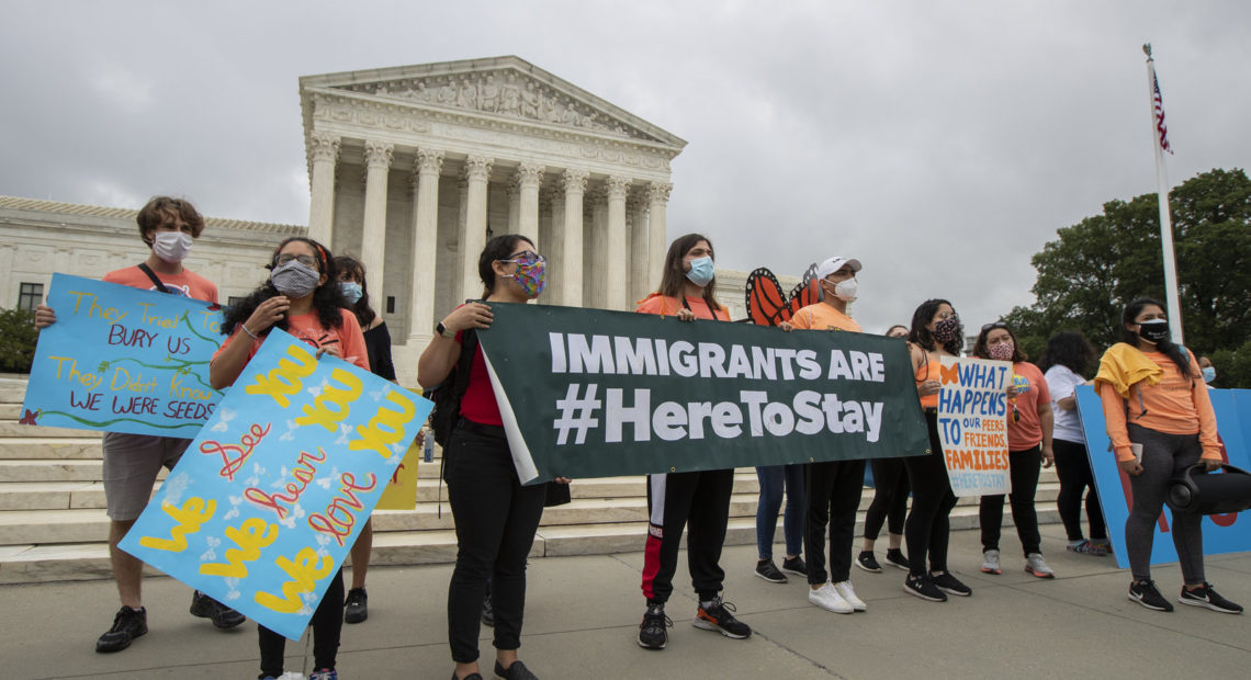 Deferred Action for Childhood Arrivals students celebrate on June 18 at the Supreme Court after the justices rejected President Trump's effort to end legal protections for young immigrants. CREDIT: Manuel Balce Ceneta/AP