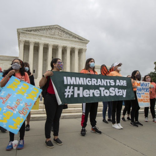 Deferred Action for Childhood Arrivals students celebrate on June 18 at the Supreme Court after the justices rejected President Trump's effort to end legal protections for young immigrants. CREDIT: Manuel Balce Ceneta/AP