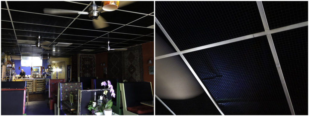 Left: The inside of Marlaina's Mediterranean Kitchen, a Seattle-area eatery. Right: The faint blue glow of ultraviolet fixtures mounted above the restaurant's ceiling panels create a "killing zone" that can wipe out viral aerosols that build up in the air. Some experts are calling for wider adoption of UV light to help disinfect the air in indoor settings. Will Stone/NPR