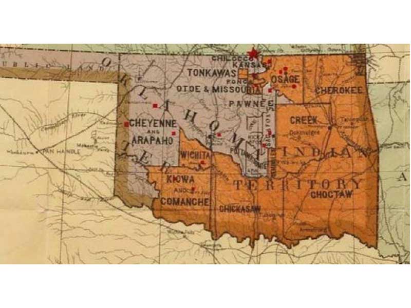 A map, from a Supreme Court exhibit, showing the pre-statehood area of present-day Oklahoma, with the eastern portion then called "Indian Territory."