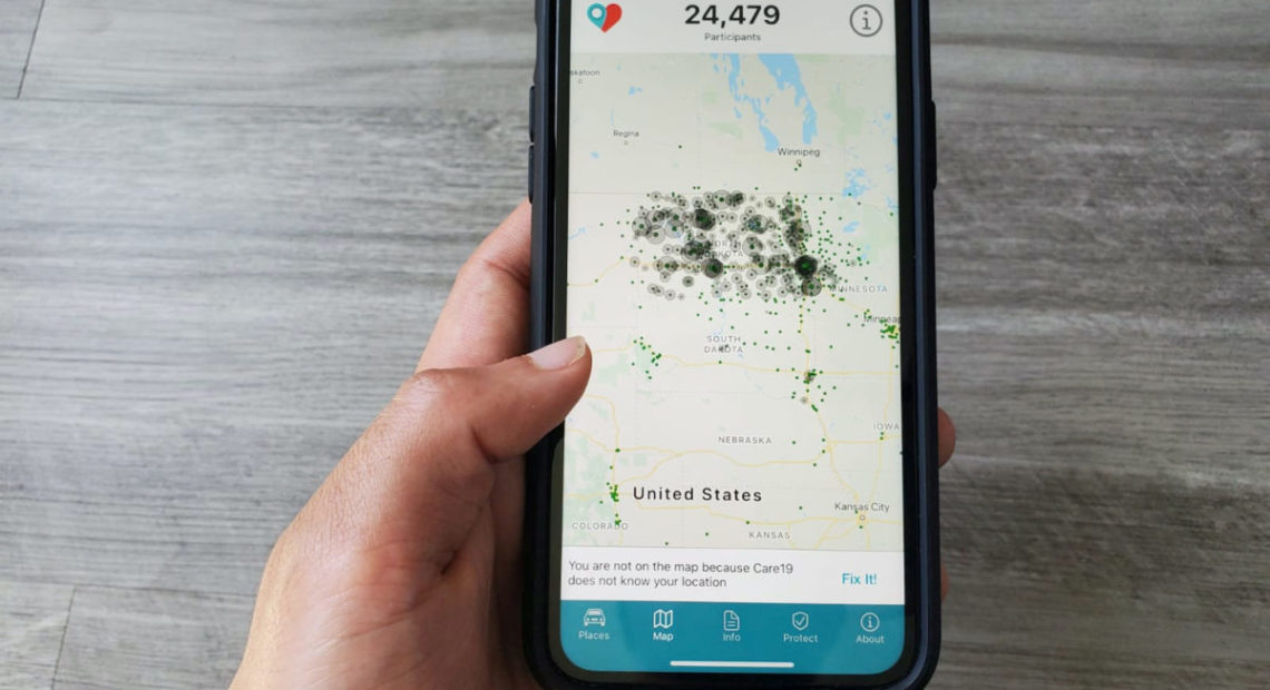 The Care19 mobile app, which the governors of North Dakota and South Dakota have asked residents to download to assist in contact tracing during the global outbreak of the coronavirus disease (COVID-19), is seen on a phone in April 24, 2020. CREDIT: Paresh Dave/Reuters