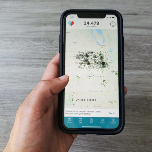 The Care19 mobile app, which the governors of North Dakota and South Dakota have asked residents to download to assist in contact tracing during the global outbreak of the coronavirus disease (COVID-19), is seen on a phone in April 24, 2020. CREDIT: Paresh Dave/Reuters