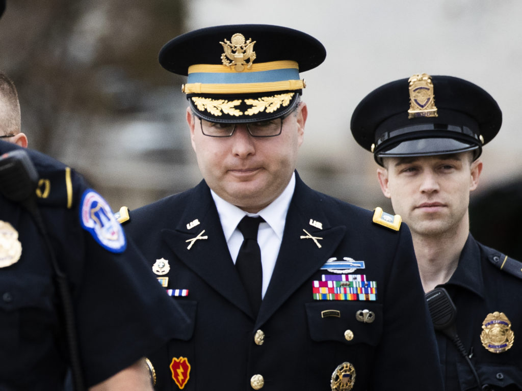 Army Lt. Col. Alexander Vindman arrives on Capitol Hill in October as part of the impeachment inquiry. Controversy has grown over an abnormal stall in Vindman's promotion to the rank of full colonel. CREDIT: Manuel Balce Ceneta/AP