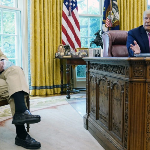 Senate Majority Leader Mitch McConnell, R-Ky., left, with President Trump at the White House. The GOP has unveiled a new pandemic relief bill but tough negotiations lie ahead with Democrats. Evan Vucci/AP