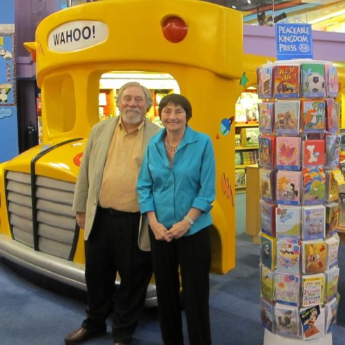 The creators of The Magic School Bus series: illustrator Bruce Degen and author Joanna Cole, posing at the Scholastic Store in New York City in an undated photo. Courtesy of Scholastic