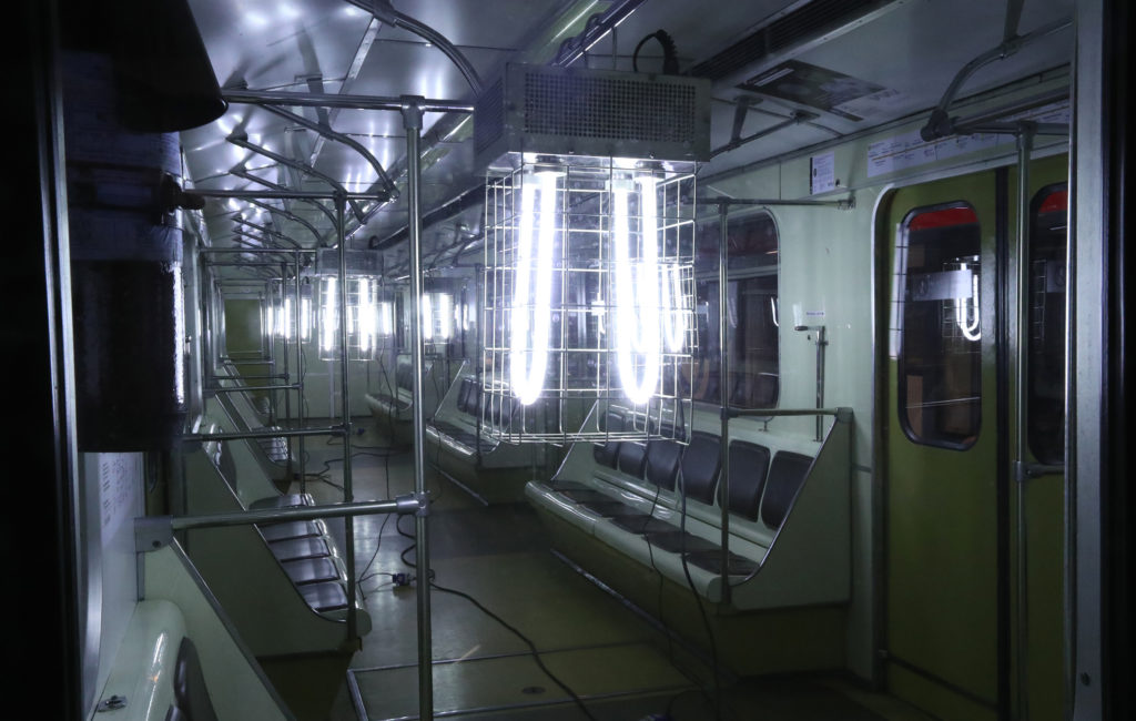 A quartz UV germicidal lamp is used to disinfect a train at the Sviblovo station of the Moscow Metro transit system. CREDIT: Sergei Karpukhin/Tass via Getty Images