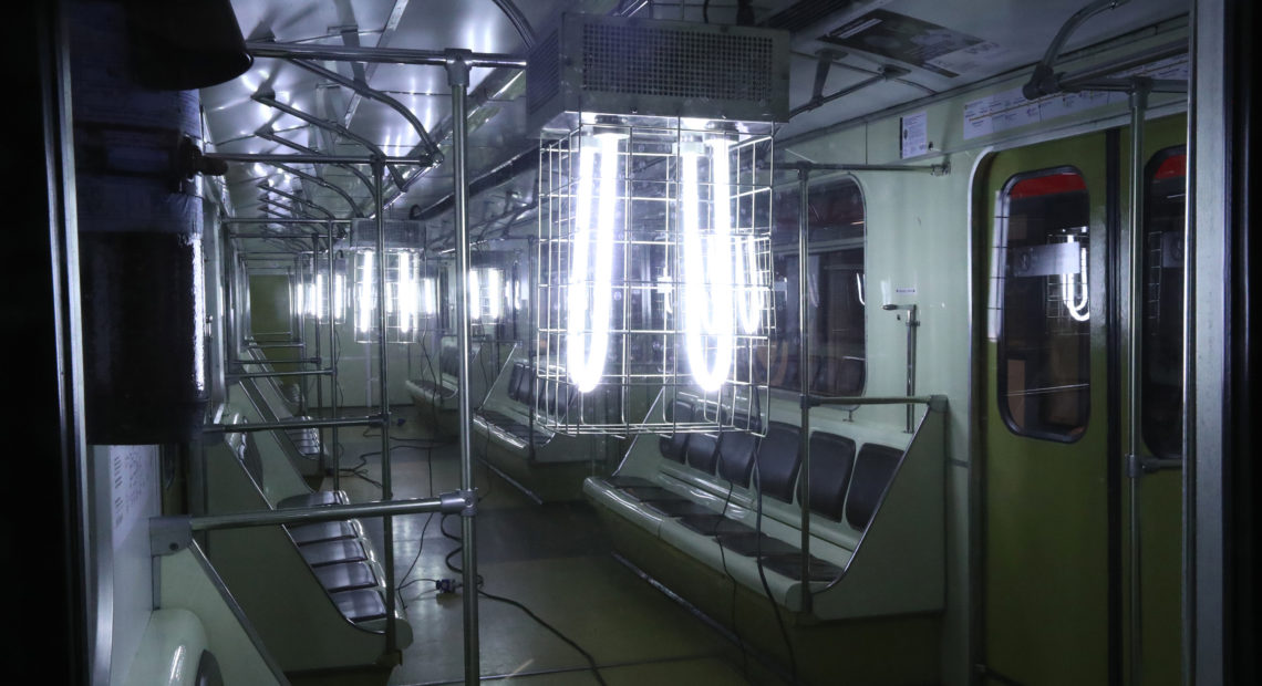 A quartz UV germicidal lamp is used to disinfect a train at the Sviblovo station of the Moscow Metro transit system. CREDIT: Sergei Karpukhin/Tass via Getty Images