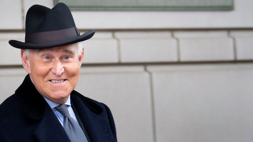 Roger Stone leaves federal court after a sentencing hearing in February in Washington, D.C. CREDIT: Brendan Smialowski/AFP via Getty Images