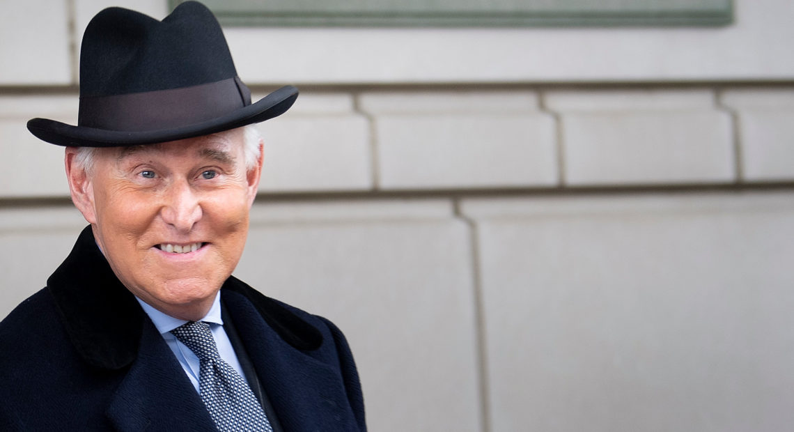 Roger Stone leaves federal court after a sentencing hearing in February in Washington, D.C. CREDIT: Brendan Smialowski/AFP via Getty Images
