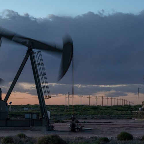 Pump jacks operate at dusk near Loco Hills in Eddy County, New Mexico, on April 23. U.S. oil producers are grappling with prolonged low oil prices and the uncertainty created by the coronavirus pandemic. CREDIT: Paul Ratje/AFP via Getty Images