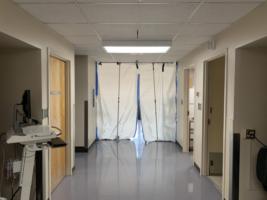 A hallway leads to a makeshift isolation ward for COVID-19 patients at Syringa Hospital in Grangeville, Idaho. CREDIT: Kirk Siegler/NPR