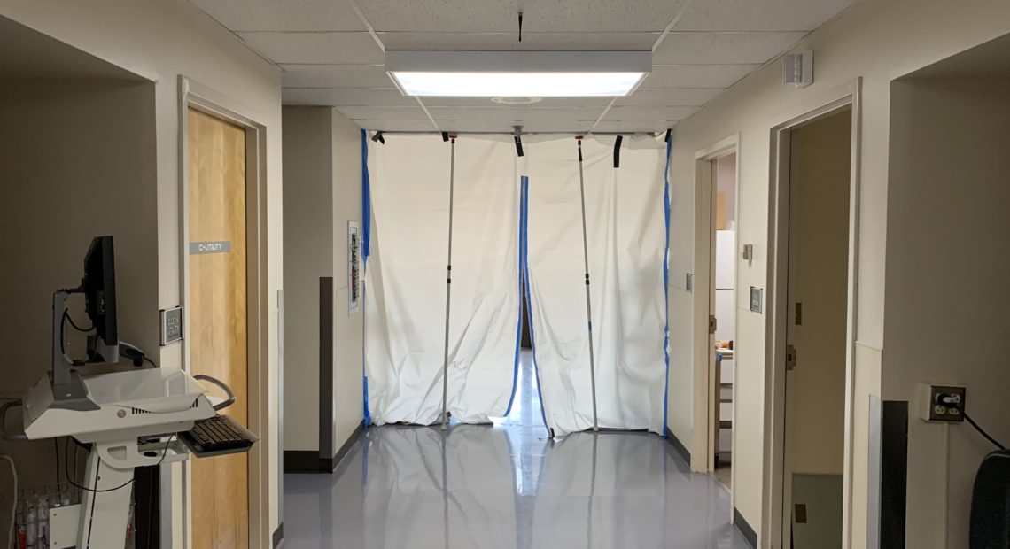 A hallway leads to a makeshift isolation ward for COVID-19 patients at Syringa Hospital in Grangeville, Idaho. CREDIT: Kirk Siegler/NPR