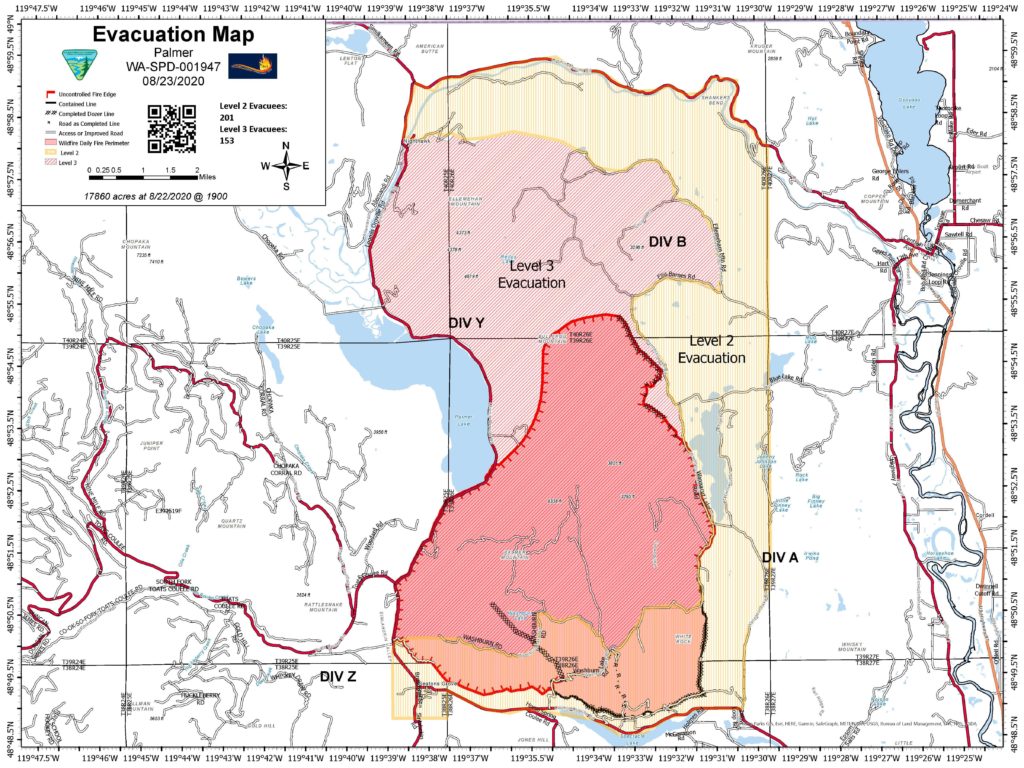 Evacuations are still in place for the Palmer Fire. Burnout operations took place over the recent weekend near Loomis, on the lower left edge of the fire. CREDIT: InciWeb