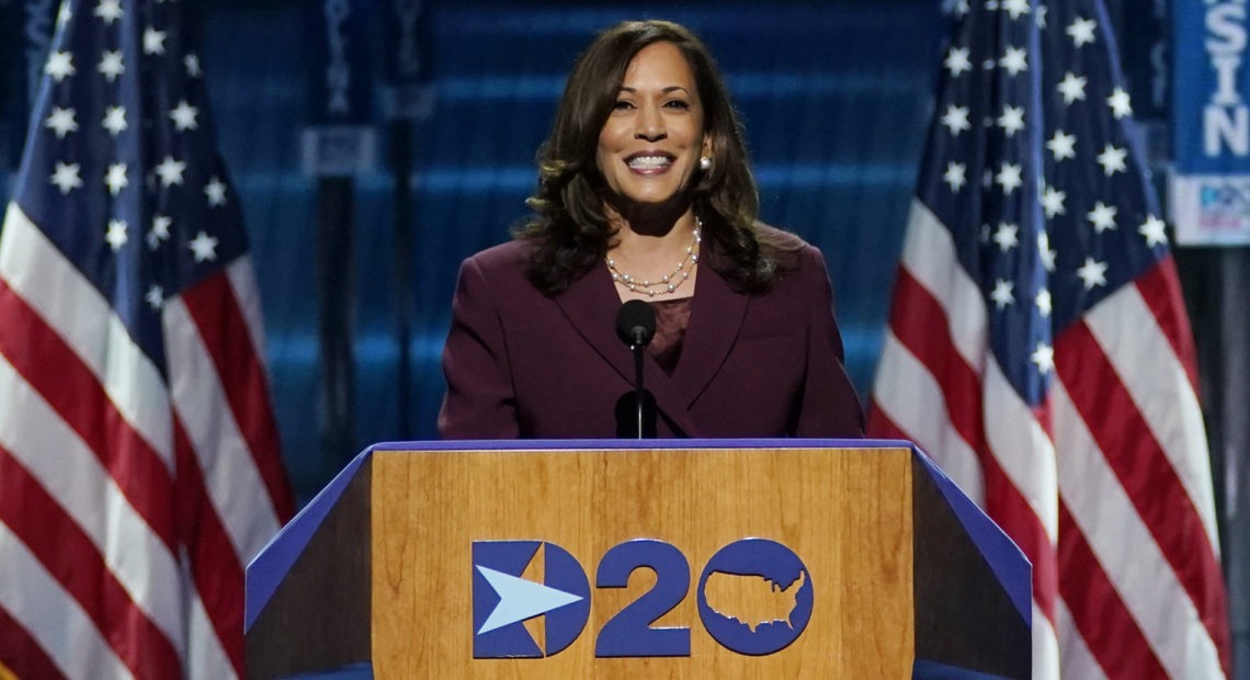 Democratic Vice Presidential candidate Sen. Kamala Harris, D-Calif., speaks during the third day of the Democratic National Convention, Wednesday, Aug. 19, 2020, at the Chase Center in Wilmington, Del. CREDIT: Carolyn Kaster/AP