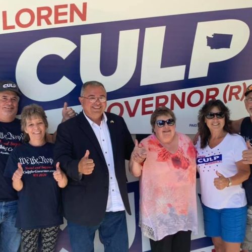 Loren Culp, third from left, poses for a photo with supporters at a campaign stop in Colville in Stevens County. Courtesy of Loren Culp campaign