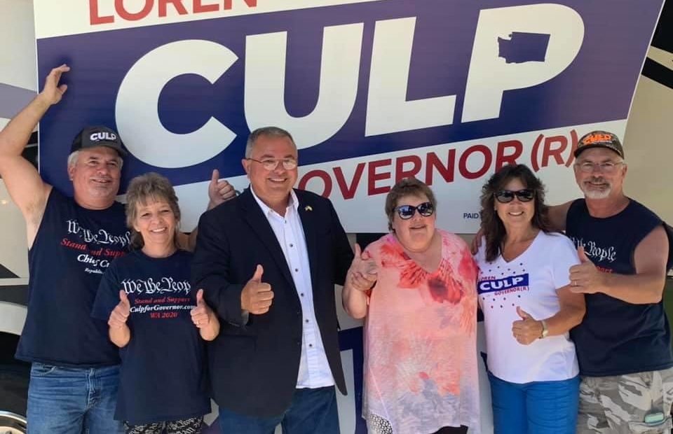 Loren Culp, third from left, poses for a photo with supporters at a campaign stop in Colville in Stevens County. Courtesy of Loren Culp campaign
