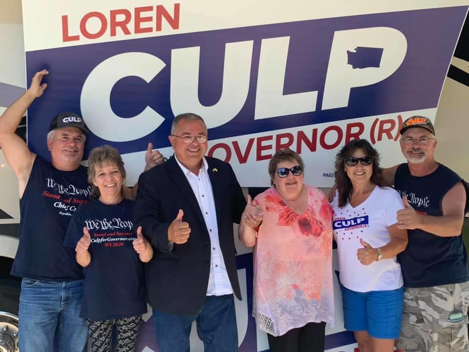 Loren Culp, third from left, poses for a photo with supporters at a campaign stop in Colville in Stevens County. Courtesy of Loren Culp campaign