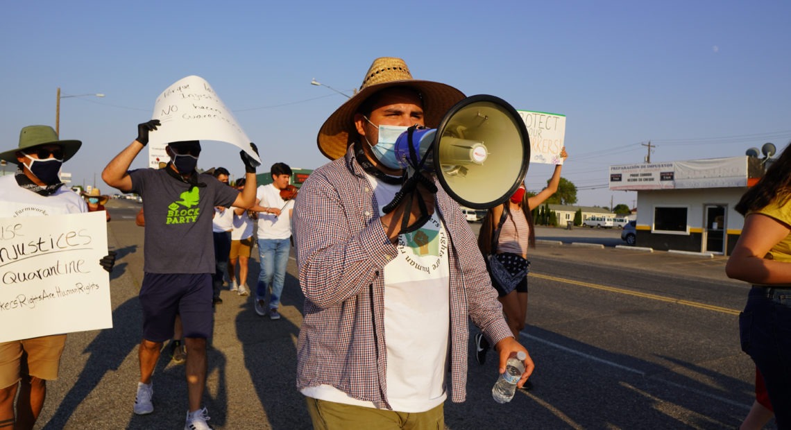 Eduardo Castañeda-Díaz, the Democratic challenger in the race for Washington state House in the 13th Legislative District, leads a march down Mattawa’s main street July 29, 2020. CREDIT: Enrique Pérez de la Rosa/NWPB