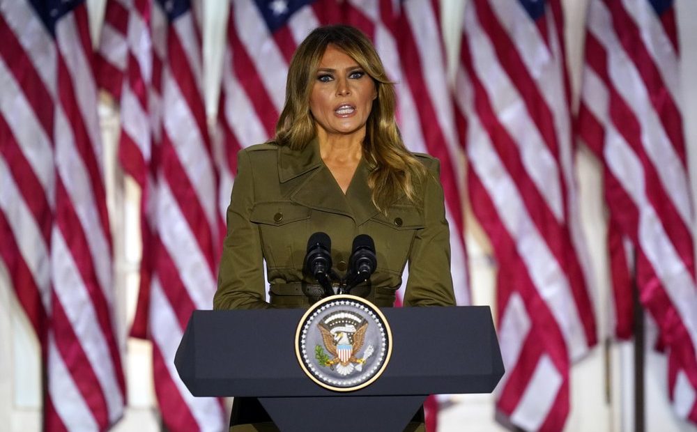 First lady Melania Trump speaks on the second day of the Republican National Convention from the Rose Garden of the White House, Tuesday, Aug. 25, 2020, in Washington. CREDIT: Evan Vucci/AP