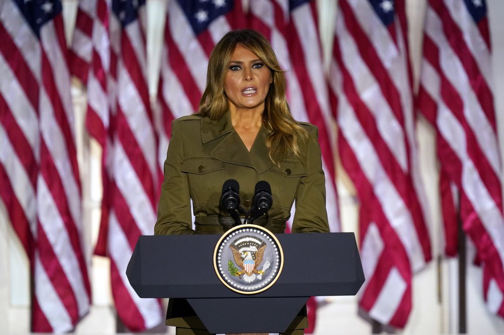 First lady Melania Trump speaks on the second day of the Republican National Convention from the Rose Garden of the White House, Tuesday, Aug. 25, 2020, in Washington. CREDIT: Evan Vucci/AP