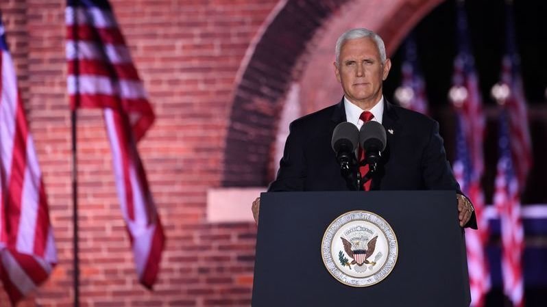 Vice President Mike Pence speaks during the third night of the Republican National Convention at Fort McHenry National Monument in Baltimore, Maryland, August 26, 2020. CREDIT: Saul Loeb/AFP/Getty Images