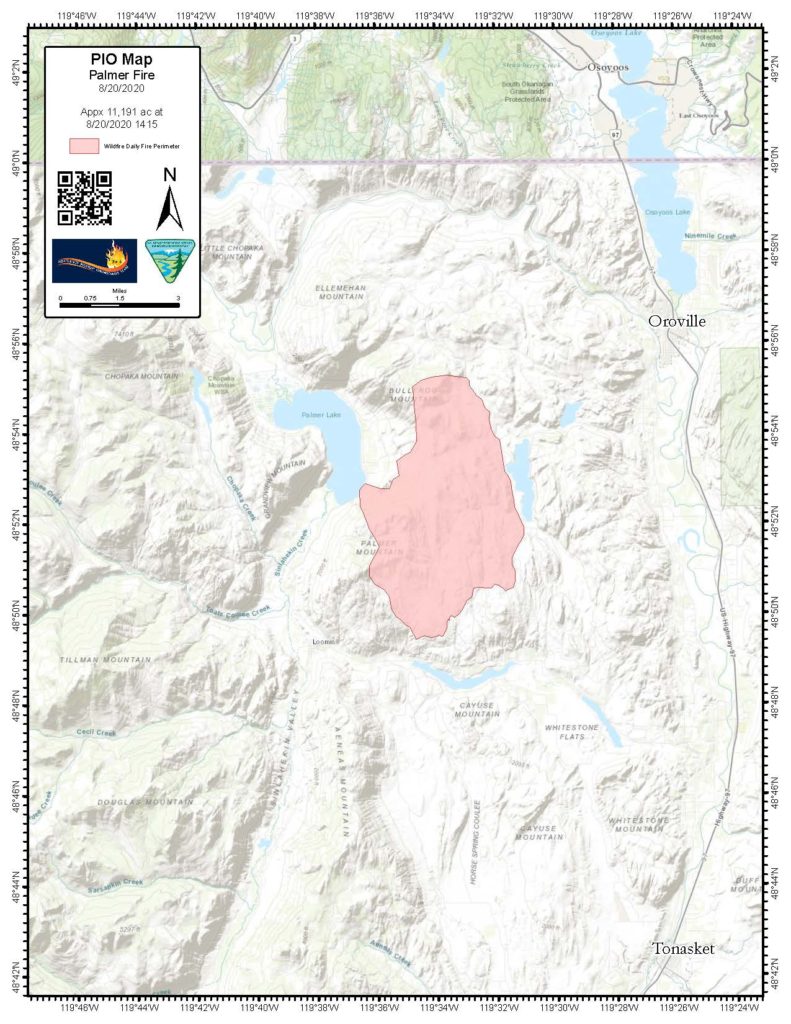 The footprint of the Palmer Fire burn area between Palmer Lake and Waanacut Lake southwest of Oroville, as of Aug. 20, 2020. Courtesy of InciWeb