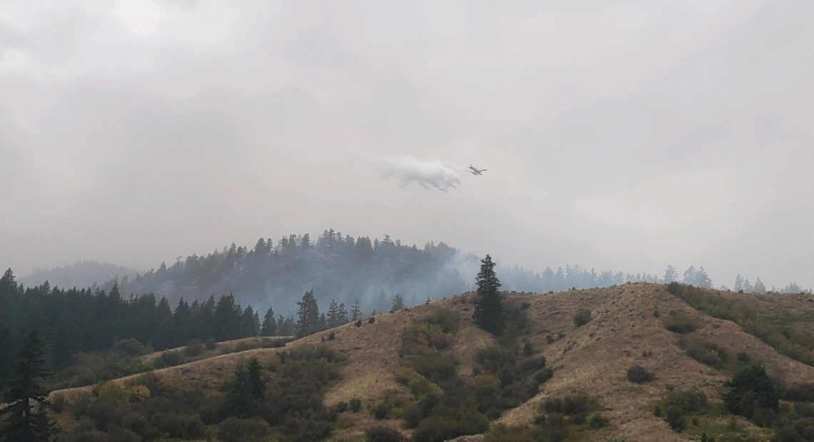 A plane drops water over the Palmer Fire in Okanogan County, Wash., Aug. 20, 2020. CREDIT: Eric Risdal/USFS/InciWeb