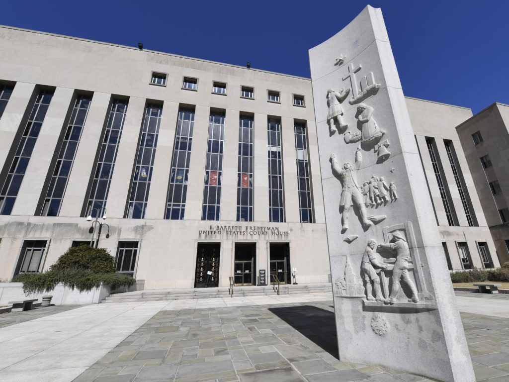 The E. Barrett Prettyman U.S. Courthouse is home to the secret court that oversees surveillance on Americans. An ex-FBI lawyer has been charged in connection with filings to the court. CREDIT: Susan Walsh/AP