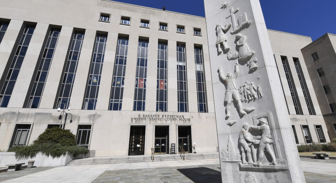The E. Barrett Prettyman U.S. Courthouse is home to the secret court that oversees surveillance on Americans. An ex-FBI lawyer has been charged in connection with filings to the court. CREDIT: Susan Walsh/AP
