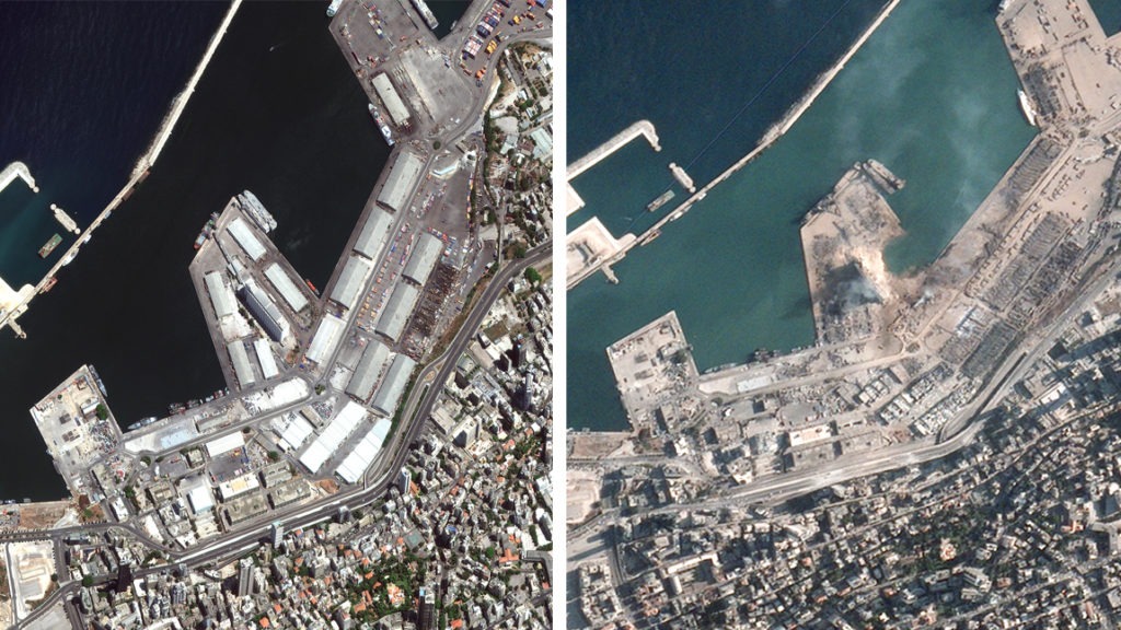 Beruit's port before (left) and after Tuesday's explosion (right). ©2020 Maxar Technologies; BlackSky Global Monitoring