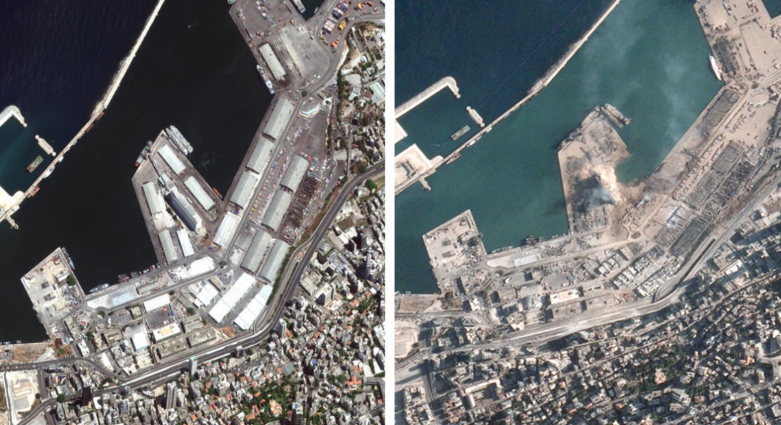 Beruit's port before (left) and after Tuesday's explosion (right). ©2020 Maxar Technologies; BlackSky Global Monitoring